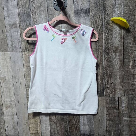 Christopher and Banks White Flip Flop Palm Tree Embroidered Summer Tank Top - Picture 1 of 5